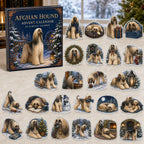 Afghan Hound advent calendar box and 24 illustrated acrylic charms displayed on an ivory tabletop in a winter setting