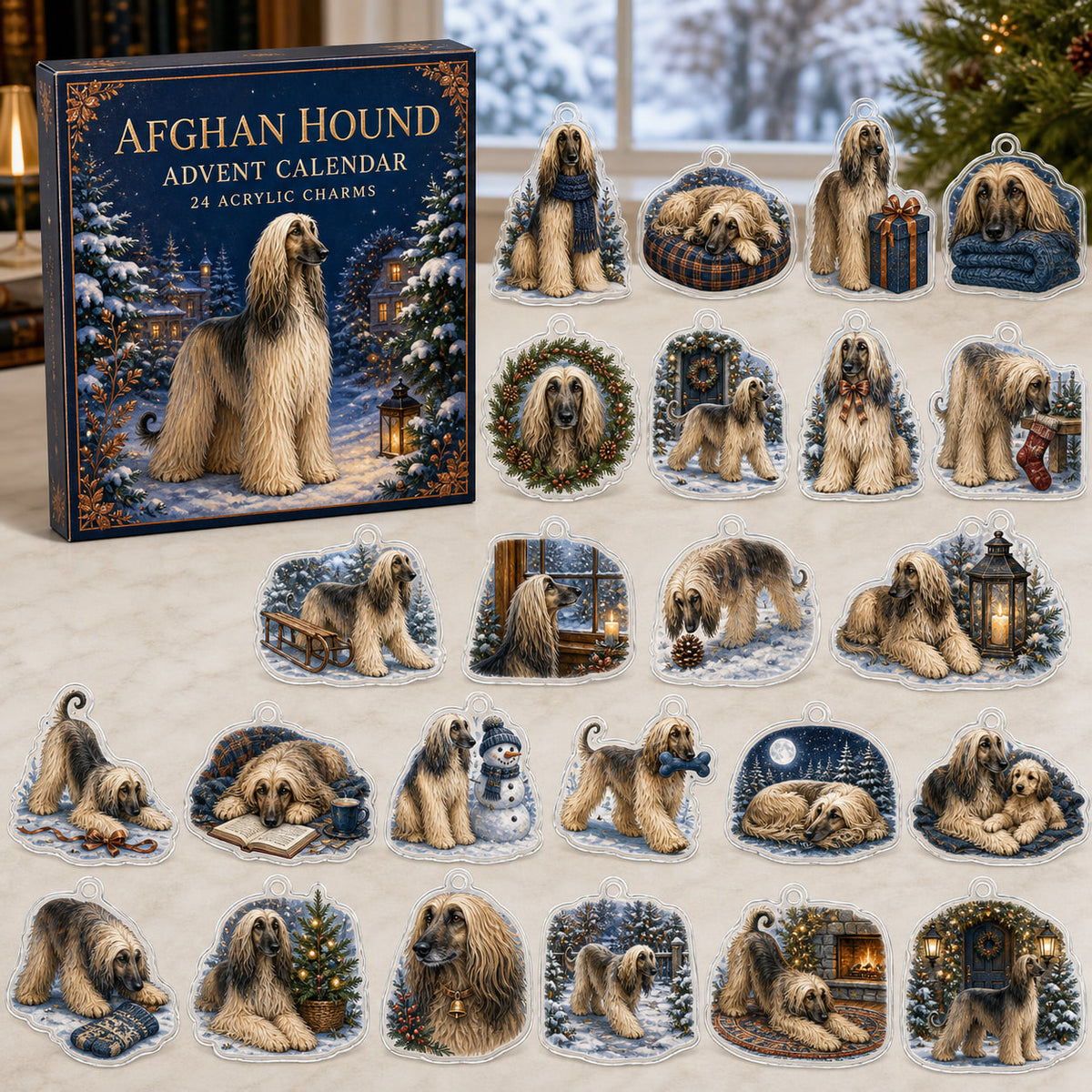 Afghan Hound advent calendar box and 24 illustrated acrylic charms displayed on an ivory tabletop in a winter setting