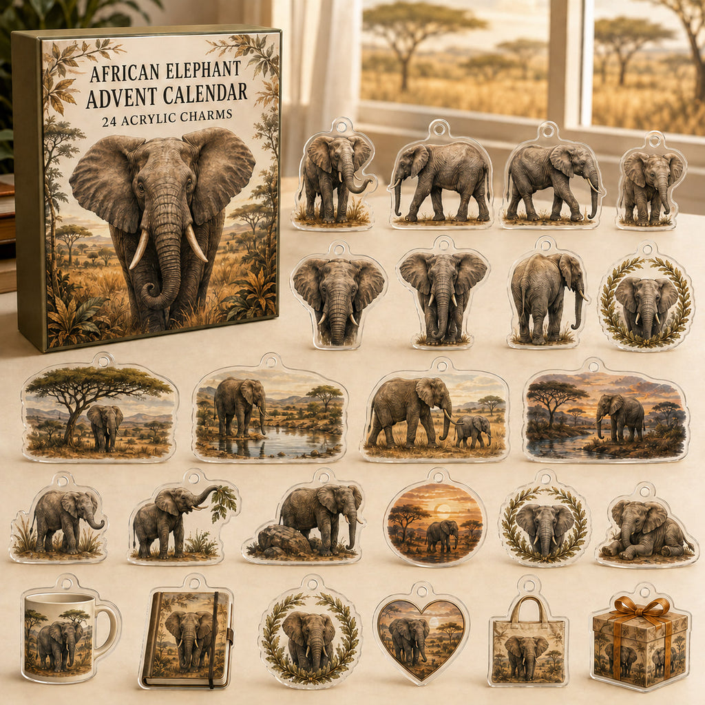 African Elephant advent calendar box with 24 themed flat printed acrylic charms