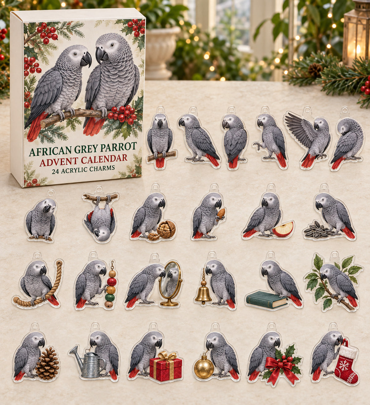 African Grey Parrot advent calendar with 24 custom-shaped flat acrylic charms and printed dimensional artwork