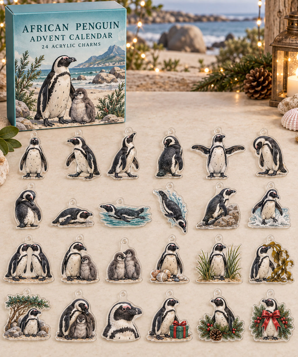 African Penguin advent calendar with 24 custom-shaped flat acrylic charms and printed dimensional artwork