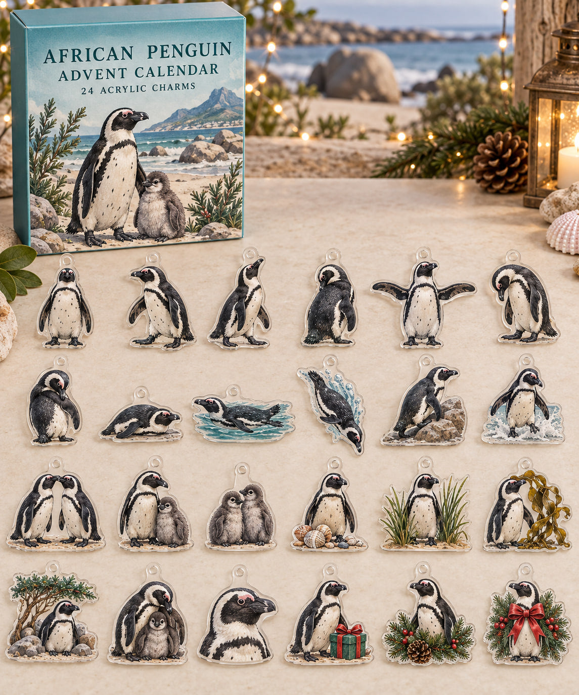 African Penguin advent calendar with 24 custom-shaped flat acrylic charms and printed dimensional artwork