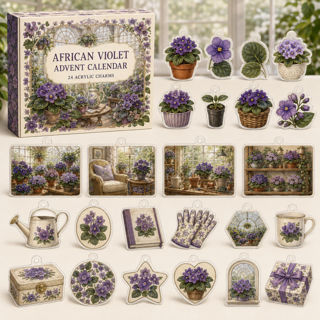 African Violet advent calendar box and 24 botanical-themed printed acrylic charms
