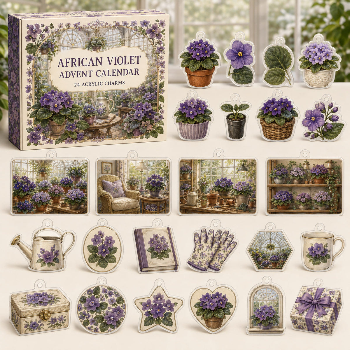 African Violet advent calendar box and 24 botanical-themed printed acrylic charms