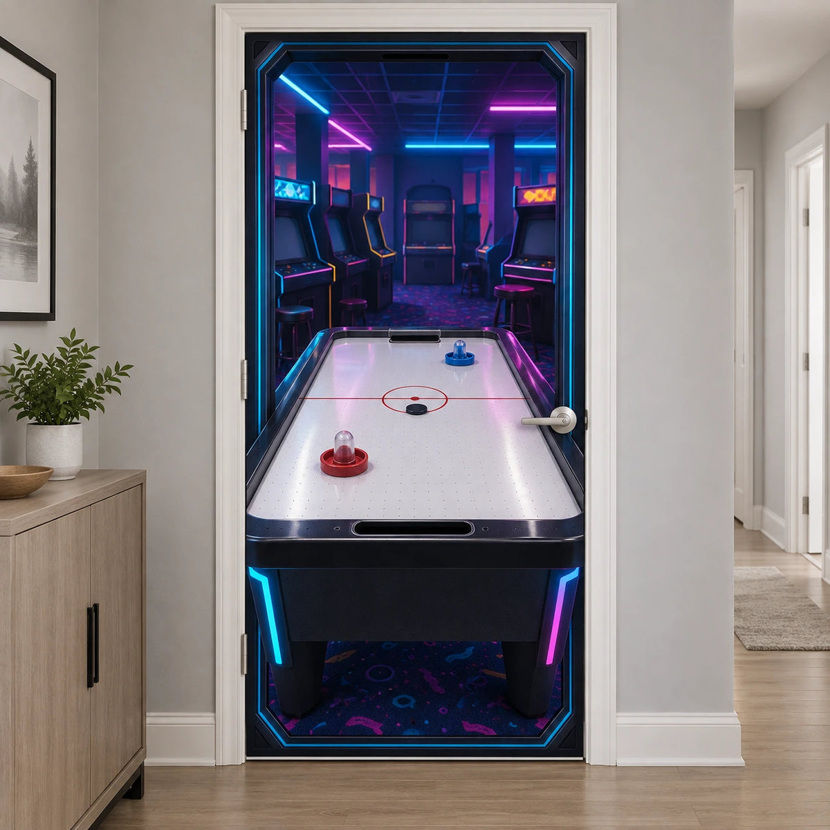 Air Hockey Neon Arcade Fabric Door Cover with original printed optical 3D artwork
