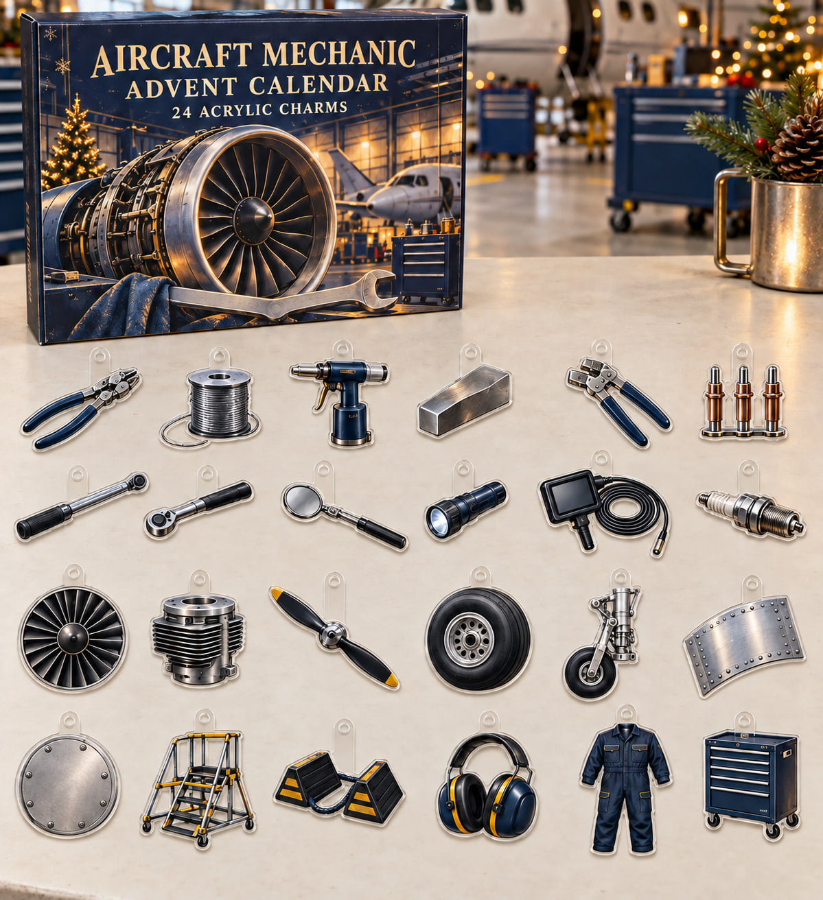 Aircraft Mechanic advent calendar with 24 custom-shaped flat acrylic charms and printed dimensional artwork