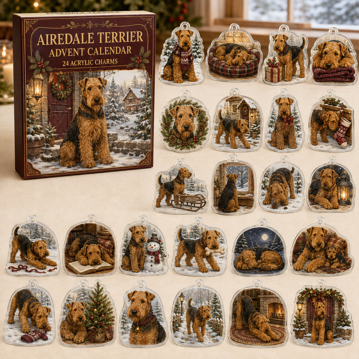 Airedale Terrier advent calendar box and 24 illustrated acrylic charms displayed on an ivory tabletop in a winter setting