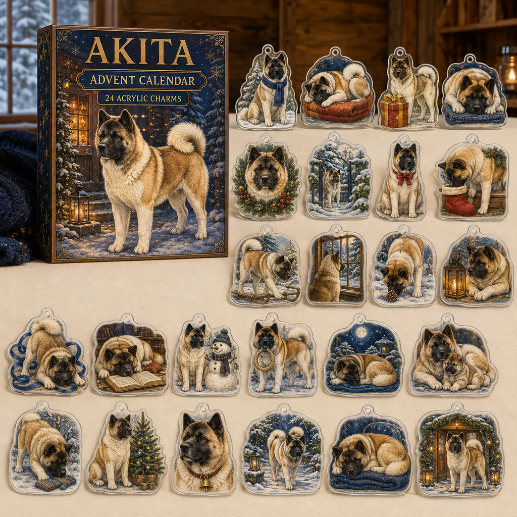 Akita advent calendar box and 24 illustrated acrylic charms displayed on an ivory tabletop in a winter setting