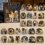 Akita advent calendar box and 24 illustrated acrylic charms displayed on an ivory tabletop in a winter setting