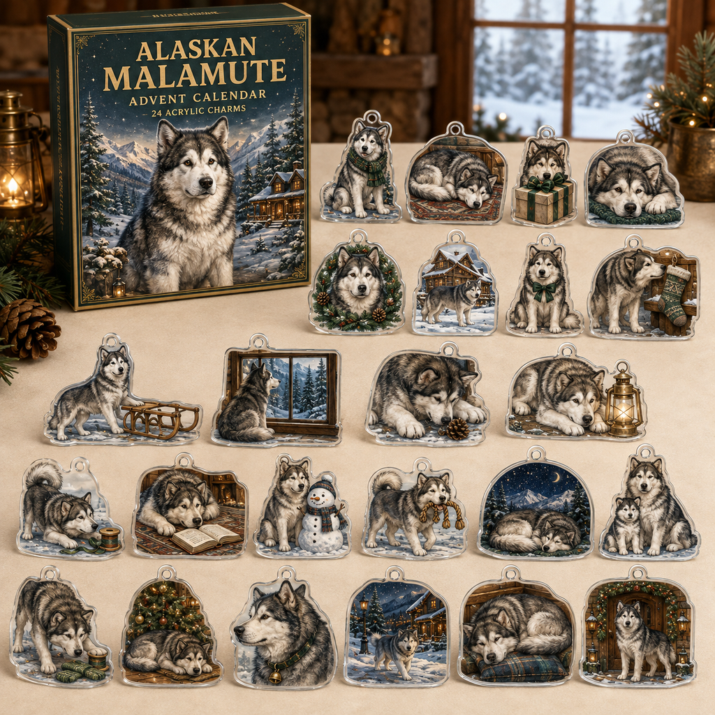 Alaskan Malamute advent calendar box and 24 illustrated acrylic charms displayed on an ivory tabletop in a winter setting