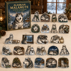 Alaskan Malamute advent calendar box and 24 illustrated acrylic charms displayed on an ivory tabletop in a winter setting