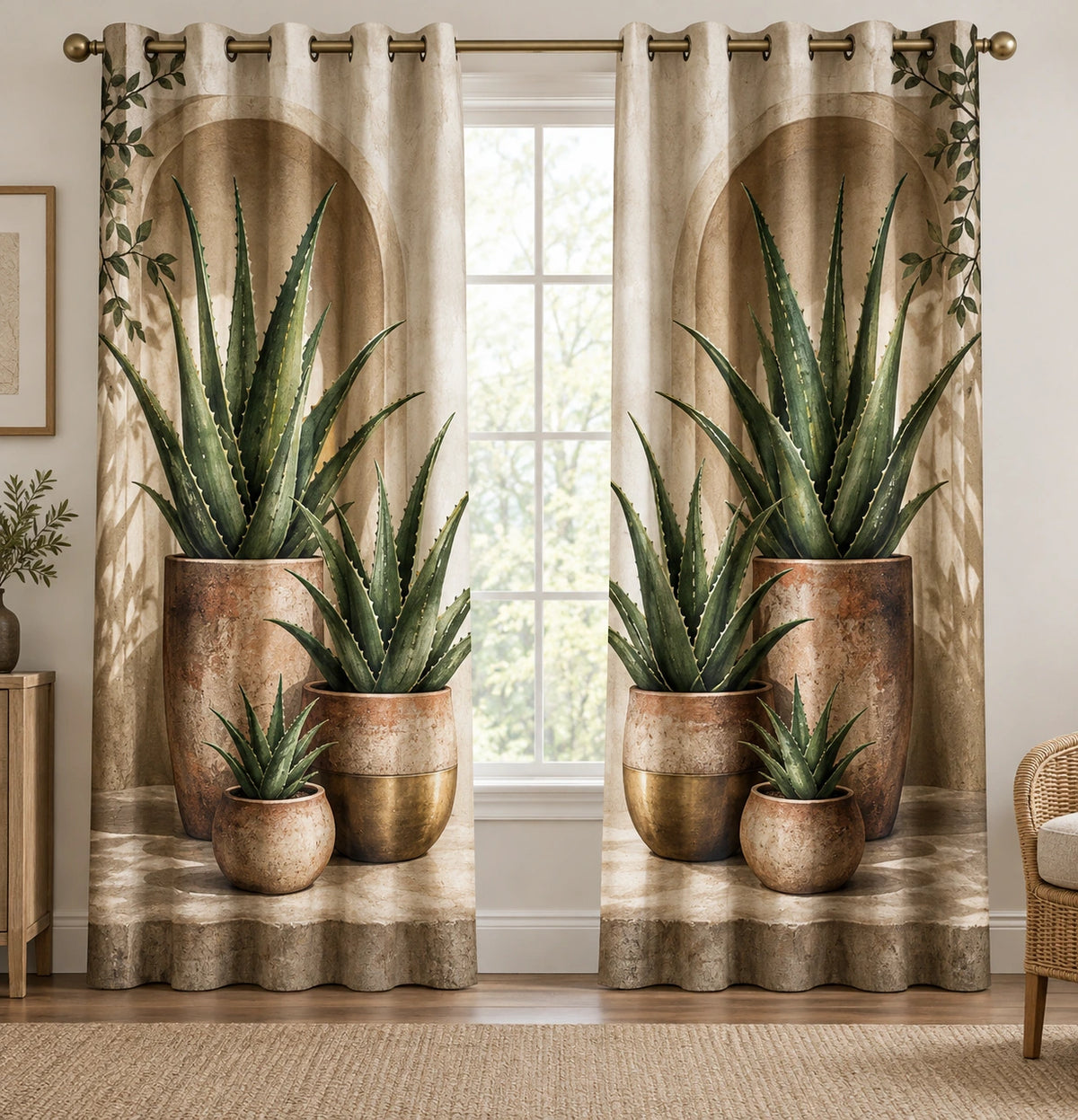 Aloe Terracotta Cluster Window Curtains with printed dimensional artwork