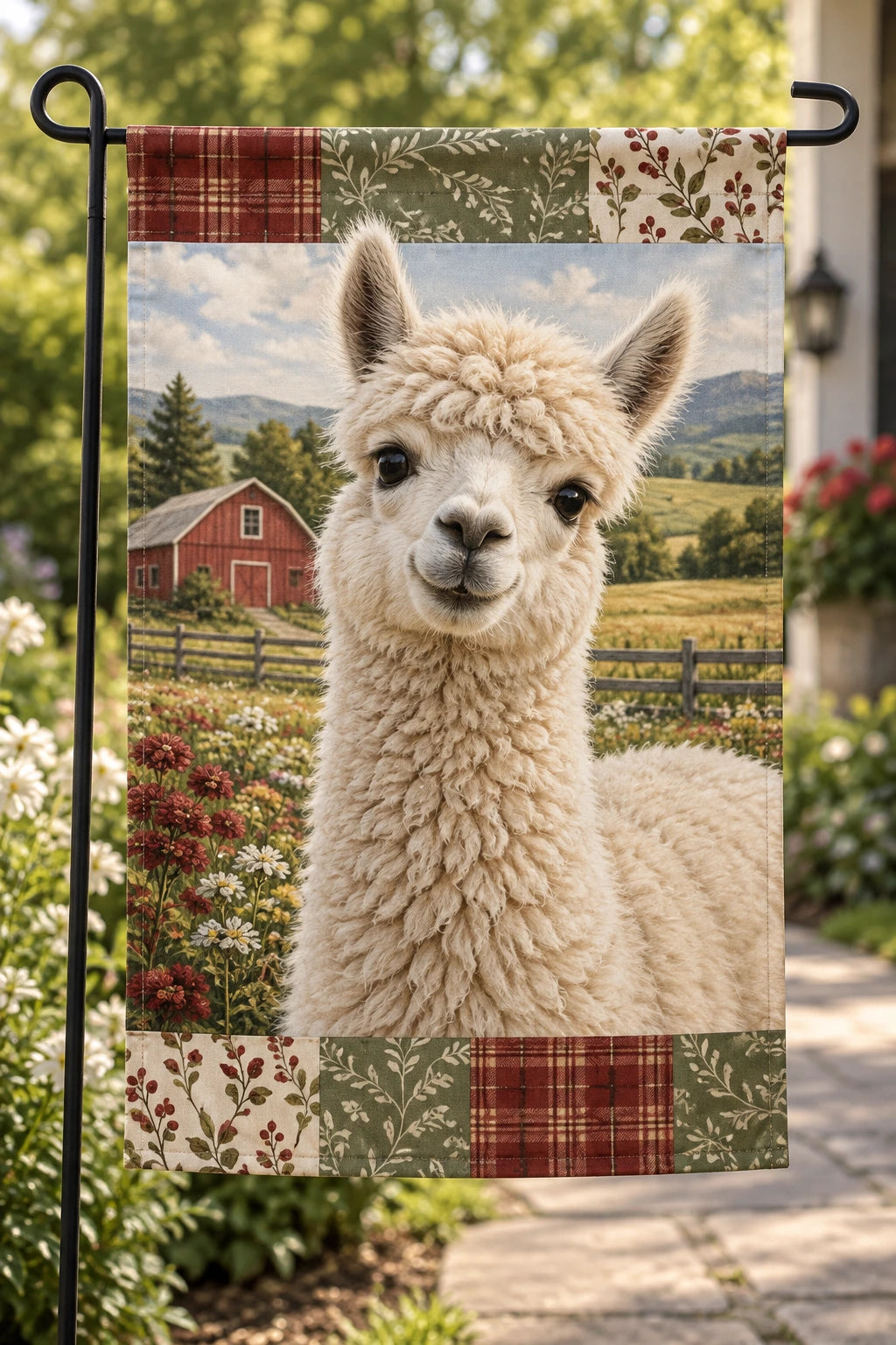 Alpaca Farmhouse Quilt Garden Flag with printed dimensional artwork