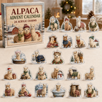 Alpaca advent calendar box and full set of 24 illustrated acrylic charms on a light tabletop