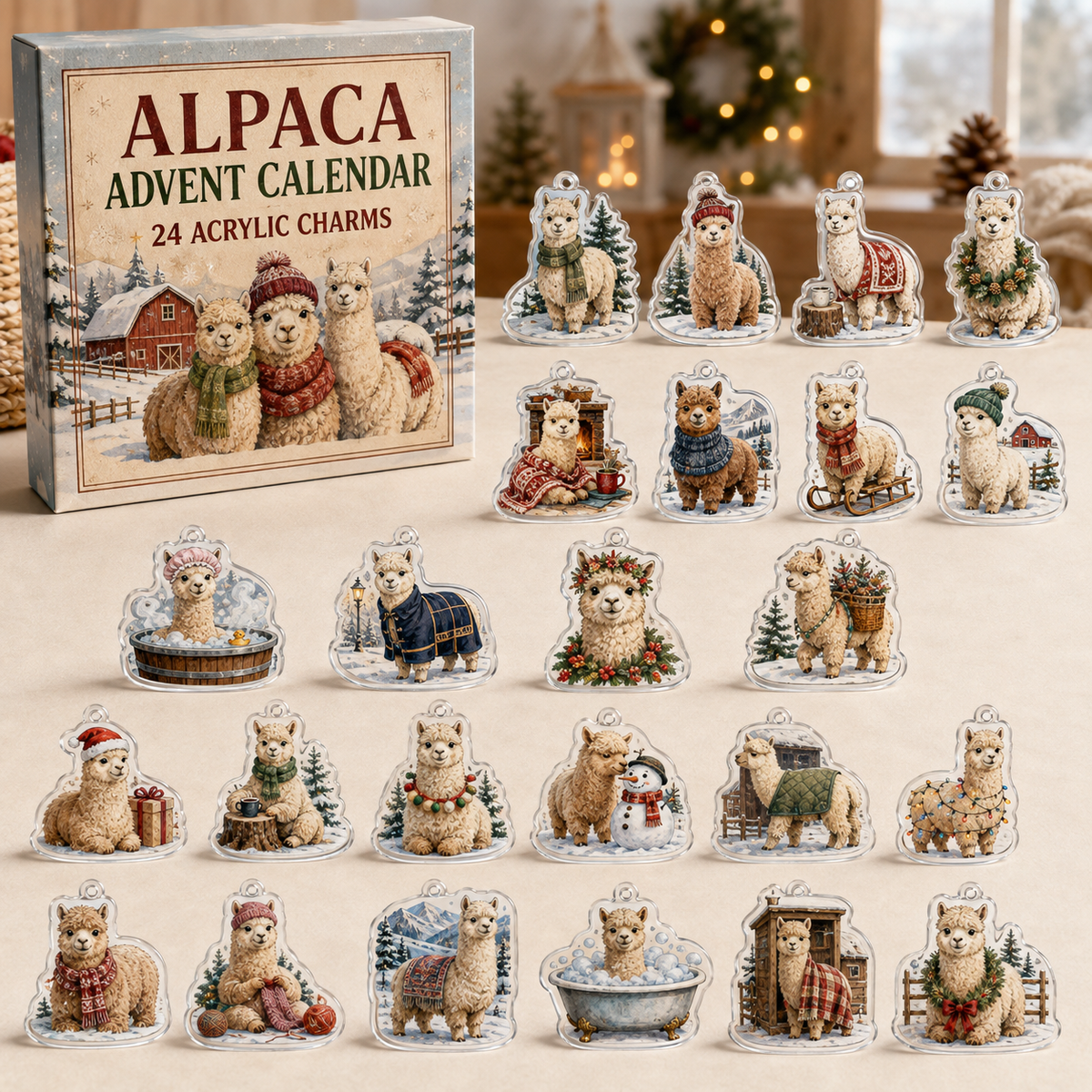 Alpaca advent calendar box and full set of 24 illustrated acrylic charms on a light tabletop
