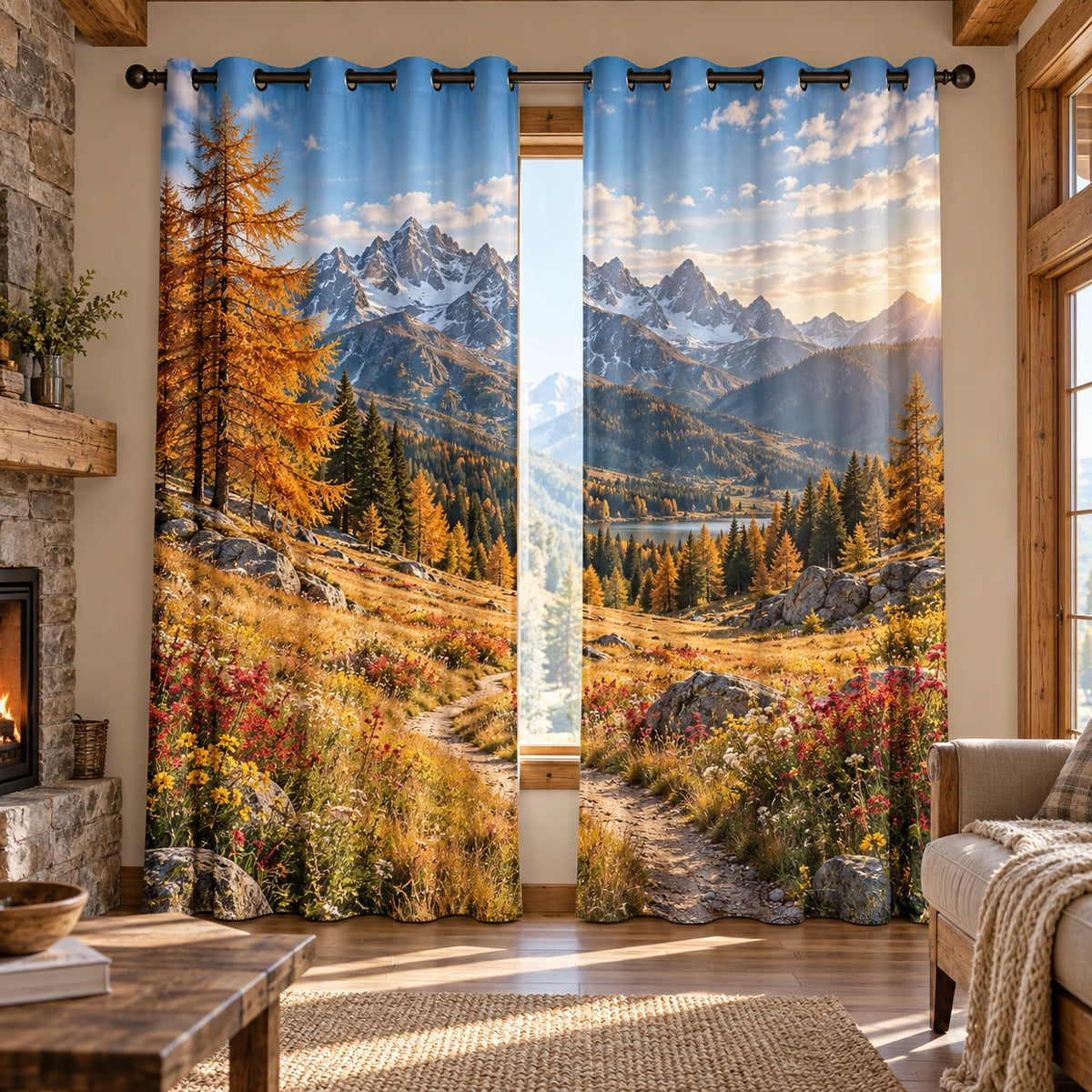 Alpine Meadow Autumn Escape Window Curtains with printed dimensional artwork