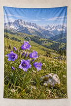 Alpine Meadow Violet Ridge Wall Tapestry with printed wildflower and mountain depth