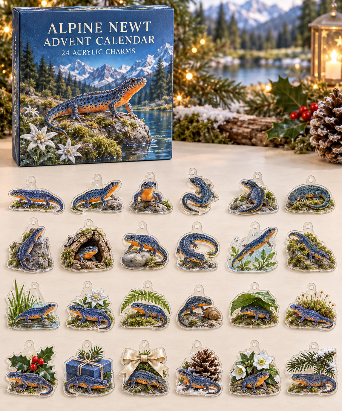 Alpine Newt advent calendar with 24 custom-shaped flat acrylic charms and printed dimensional artwork