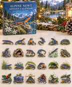Alpine Newt advent calendar with 24 custom-shaped flat acrylic charms and printed dimensional artwork