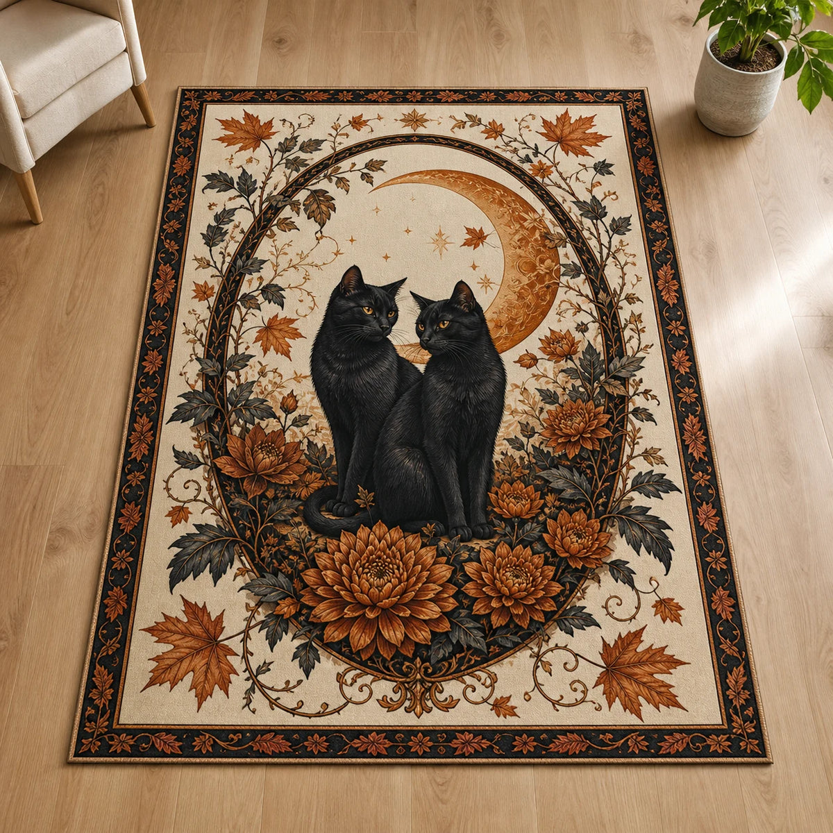 Two black cats beneath an amber crescent moon, framed by copper flowers and autumn leaves on an ivory printed rug.