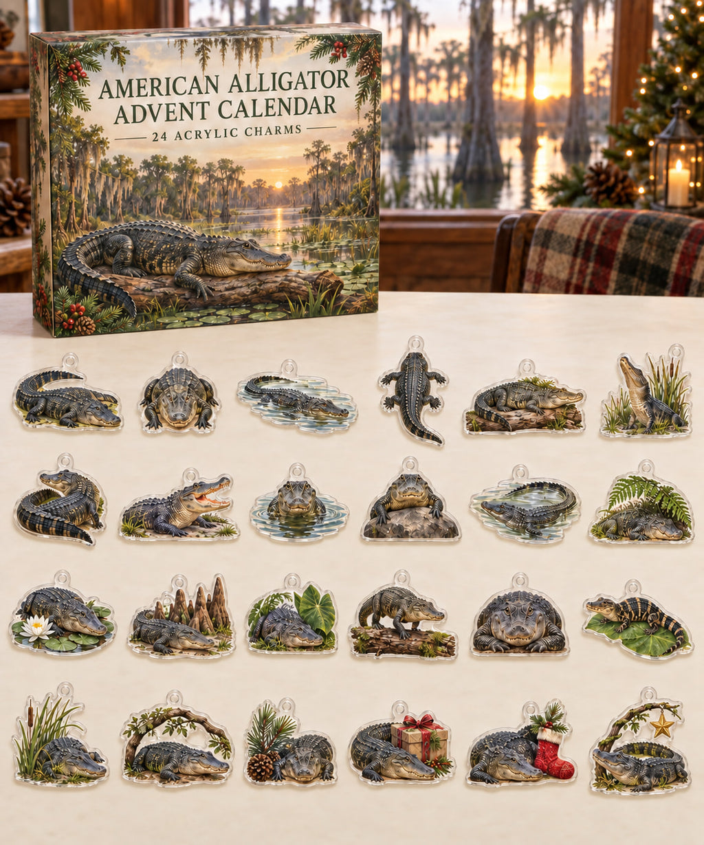 American Alligator advent calendar with 24 custom-shaped flat acrylic charms and printed dimensional artwork