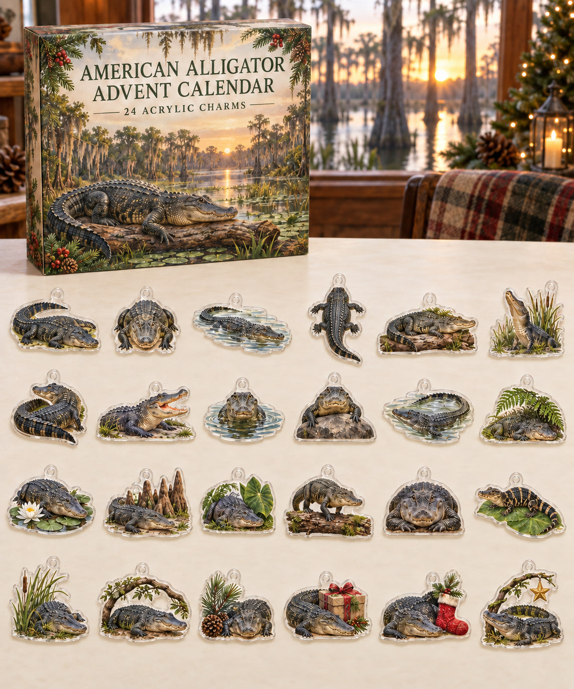 American Alligator advent calendar with 24 custom-shaped flat acrylic charms and printed dimensional artwork