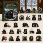 American Black Bear advent calendar box and full set of 24 illustrated acrylic charms on a light tabletop