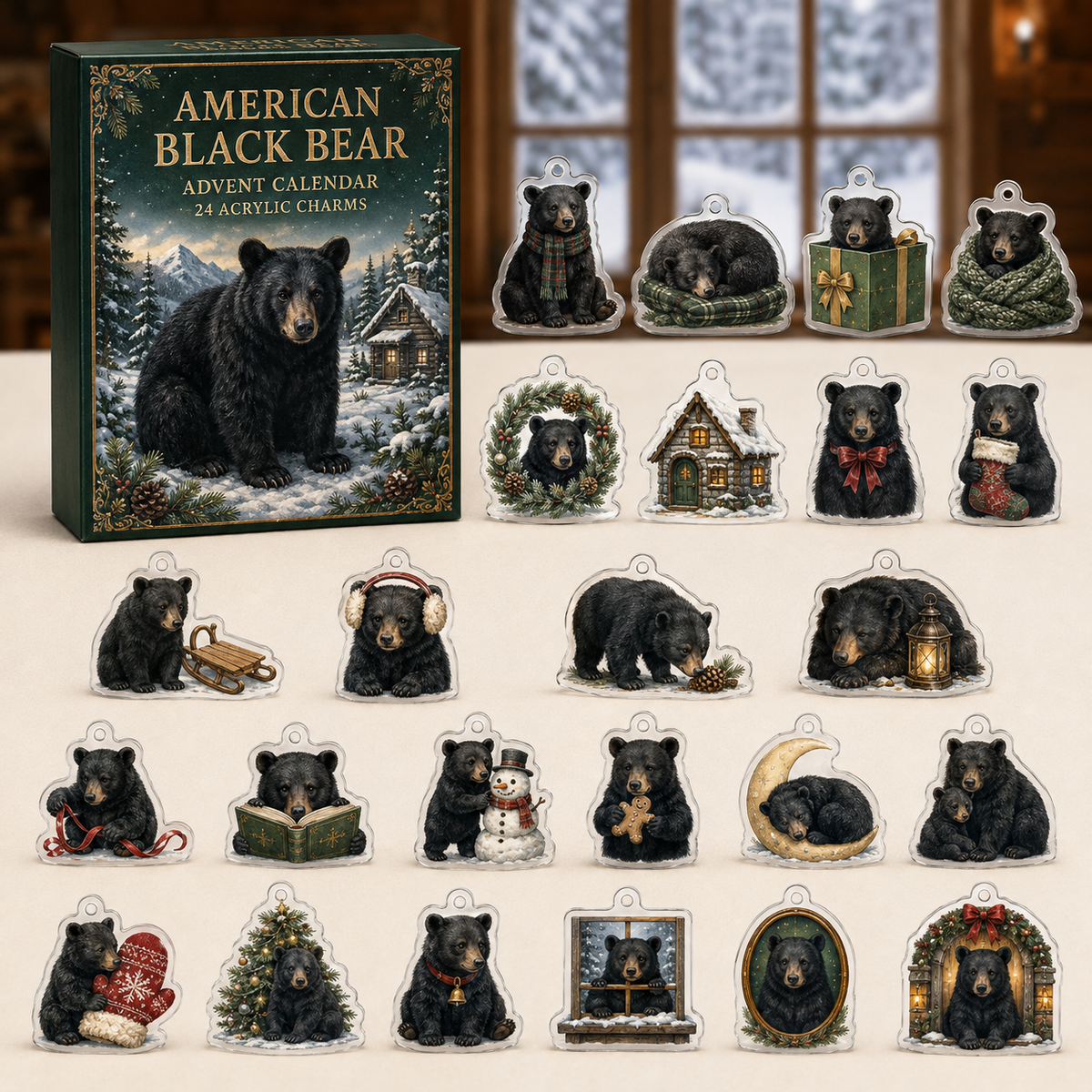 American Black Bear advent calendar box and full set of 24 illustrated acrylic charms on a light tabletop