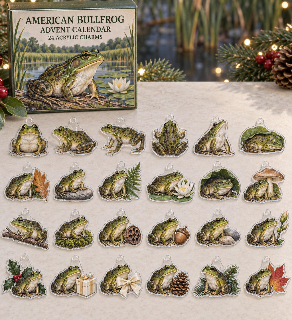 American Bullfrog advent calendar with 24 custom-shaped flat acrylic charms and printed dimensional artwork