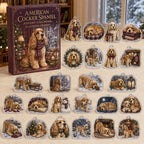 American Cocker Spaniel advent calendar box and 24 illustrated acrylic charms displayed on an ivory tabletop in a winter setting