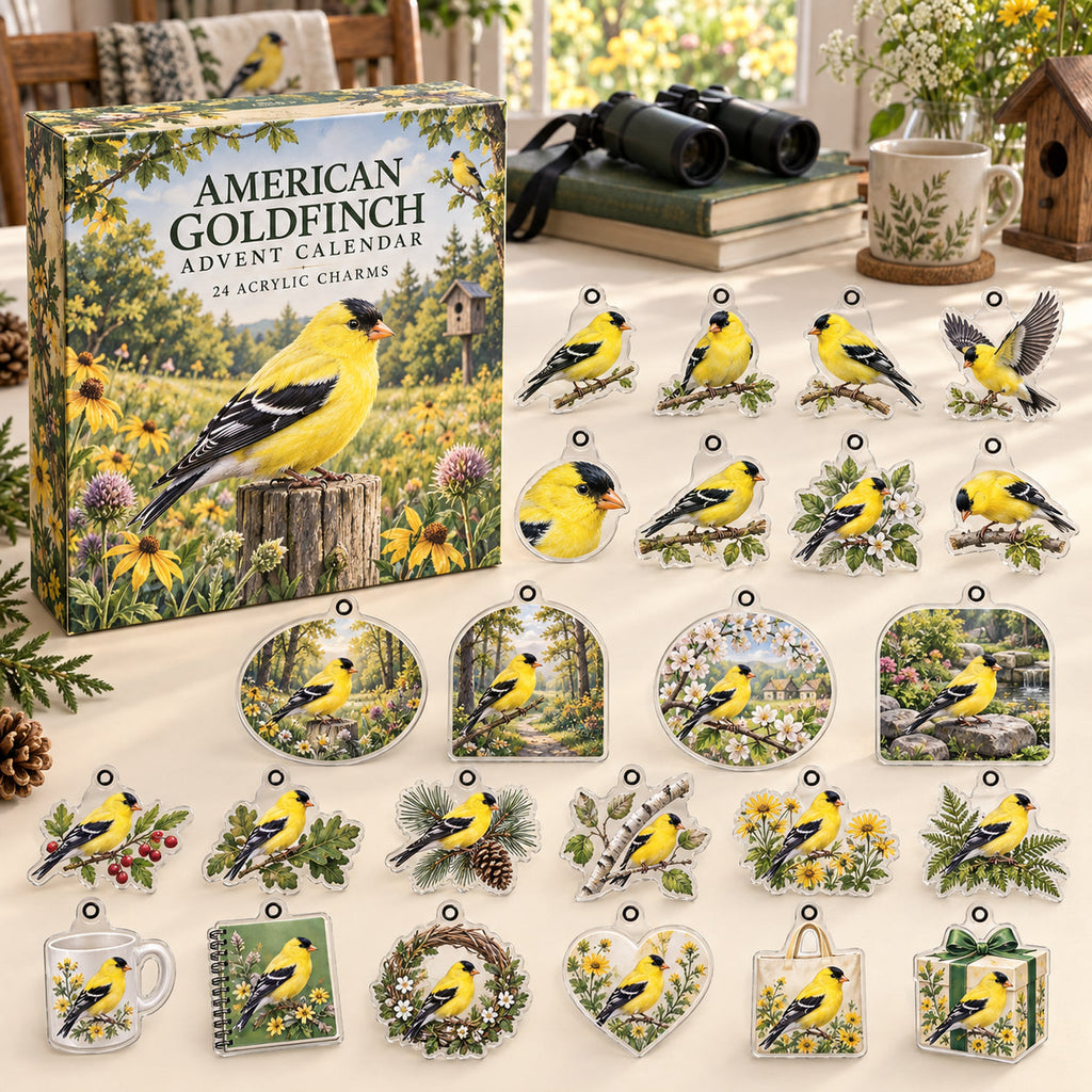 American Goldfinch advent calendar box with 24 themed flat printed acrylic charms