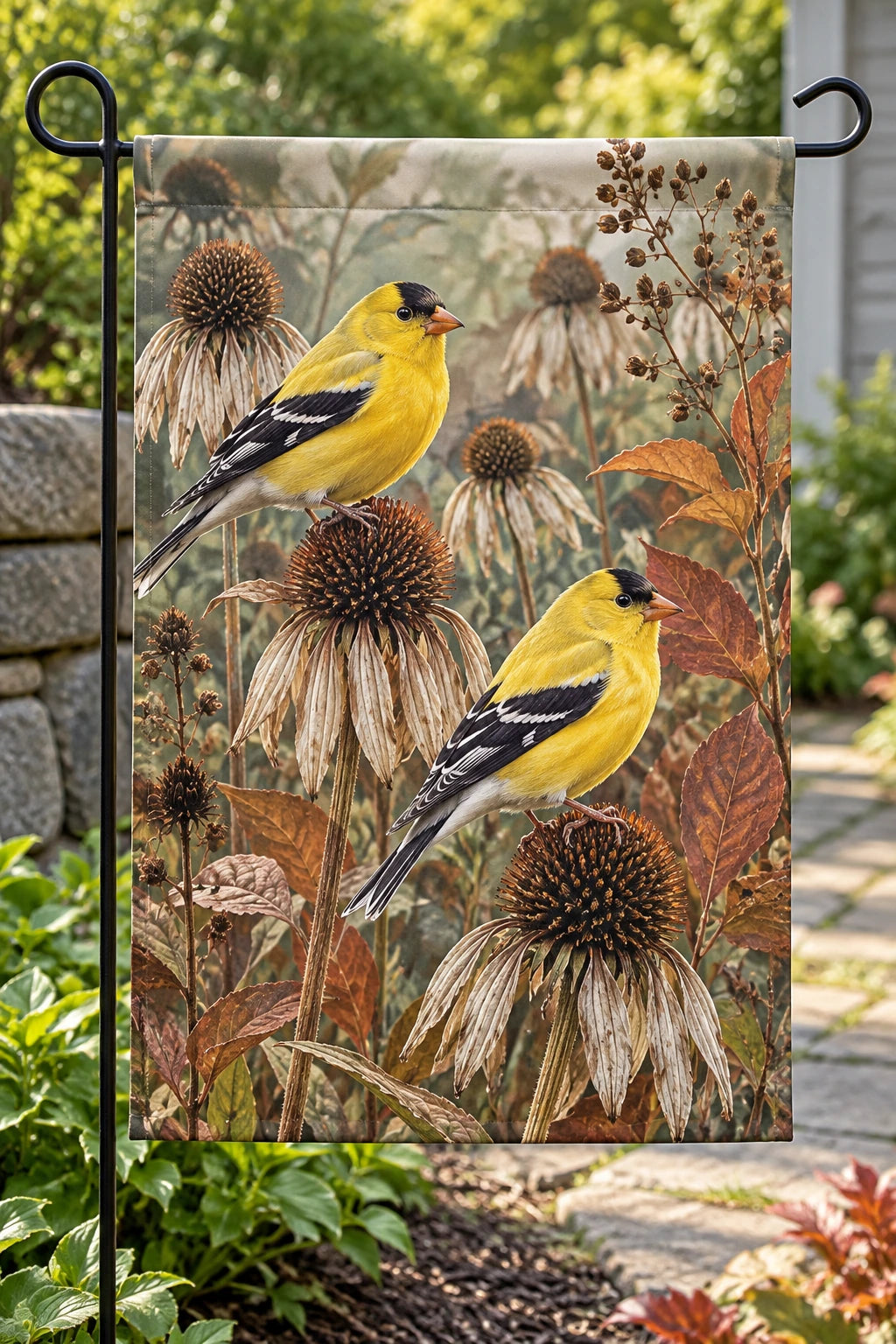 American Goldfinch Autumn Seedheads Garden Flag with printed dimensional artwork