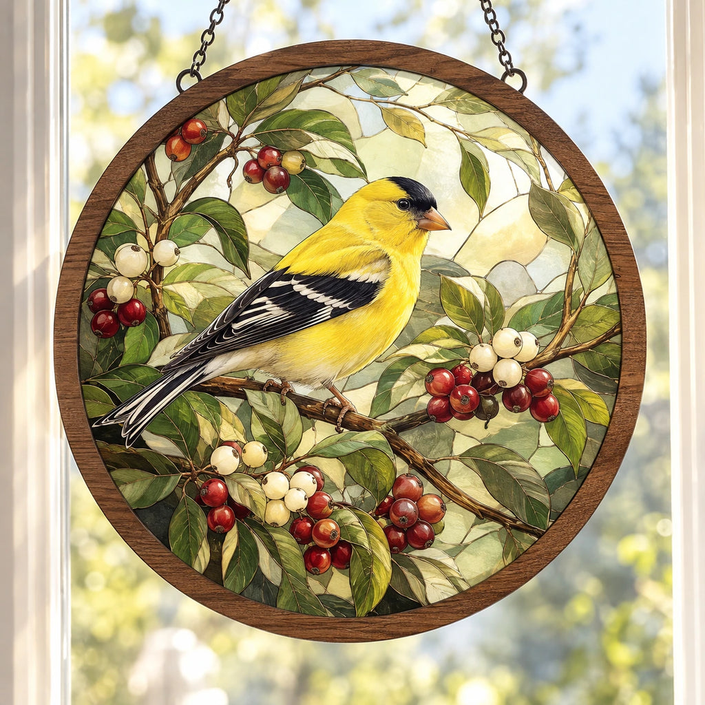 American Goldfinch Berry Hedge Wood & Acrylic Suncatcher with printed dimensional artwork