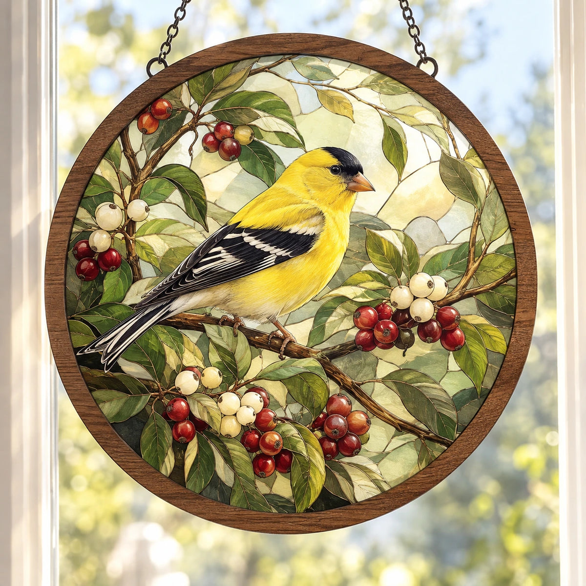 American Goldfinch Berry Hedge Wood & Acrylic Suncatcher with printed dimensional artwork