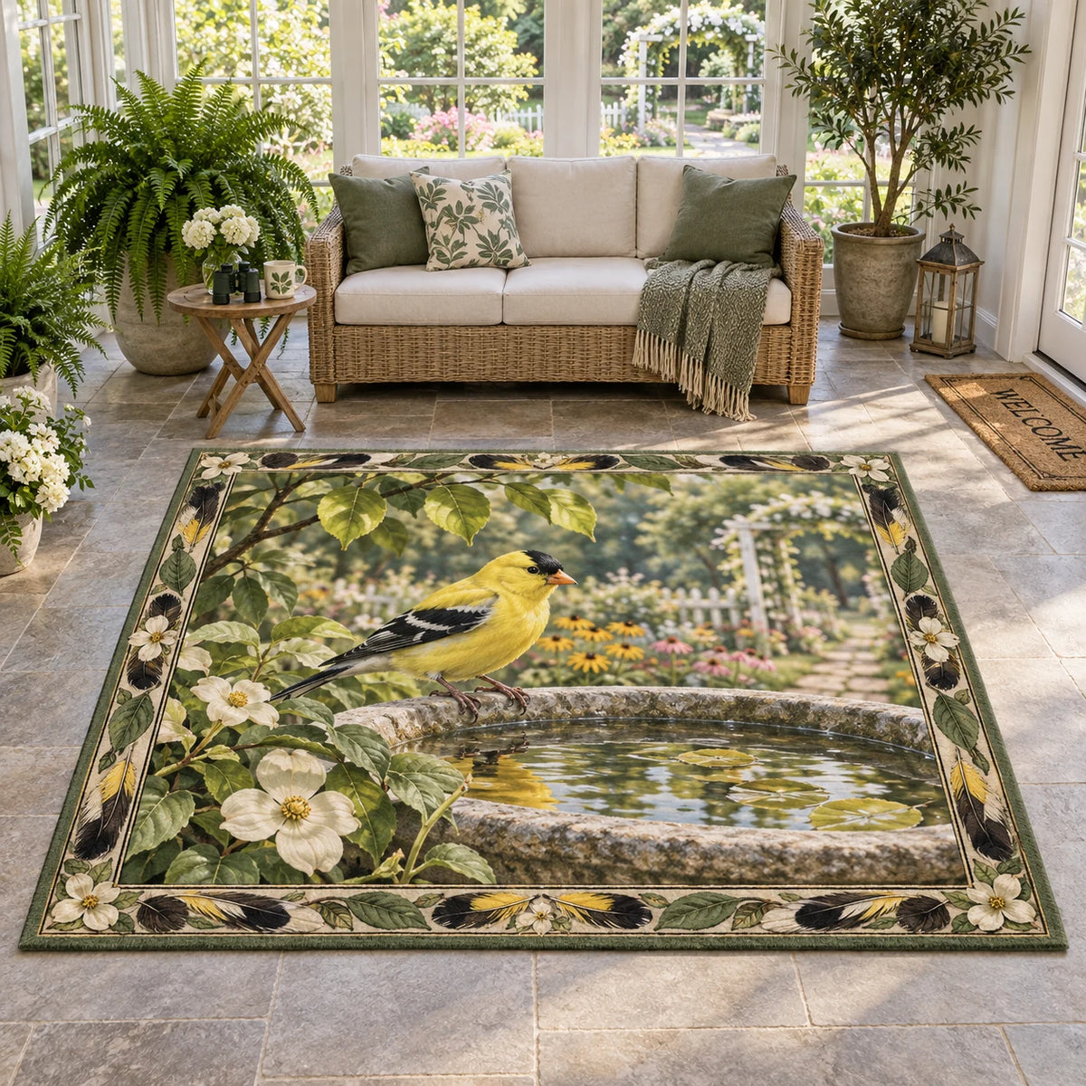 Complete rectangular rug with feather and blossom border, yellow goldfinch, reflected leaves and a soft garden beyond.