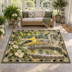 Complete rectangular rug with feather and blossom border, yellow goldfinch, reflected leaves and a soft garden beyond.