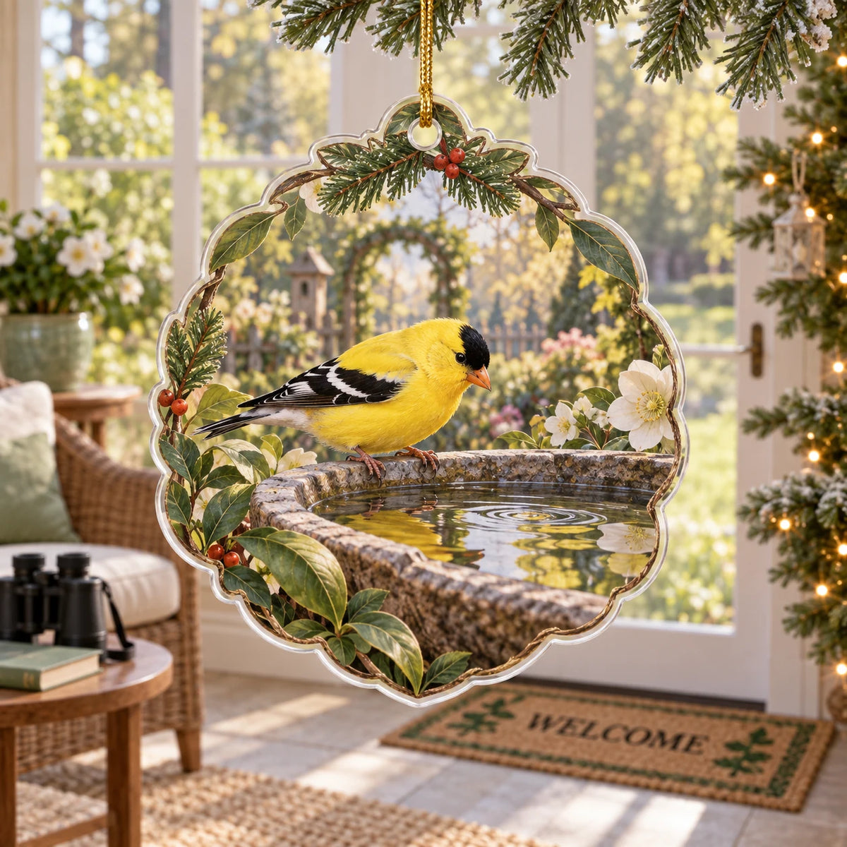 Complete clear-rim acrylic ornament with supported gold cord, leafy blossom edge and evergreen sprig around a goldfinch birdbath scene.