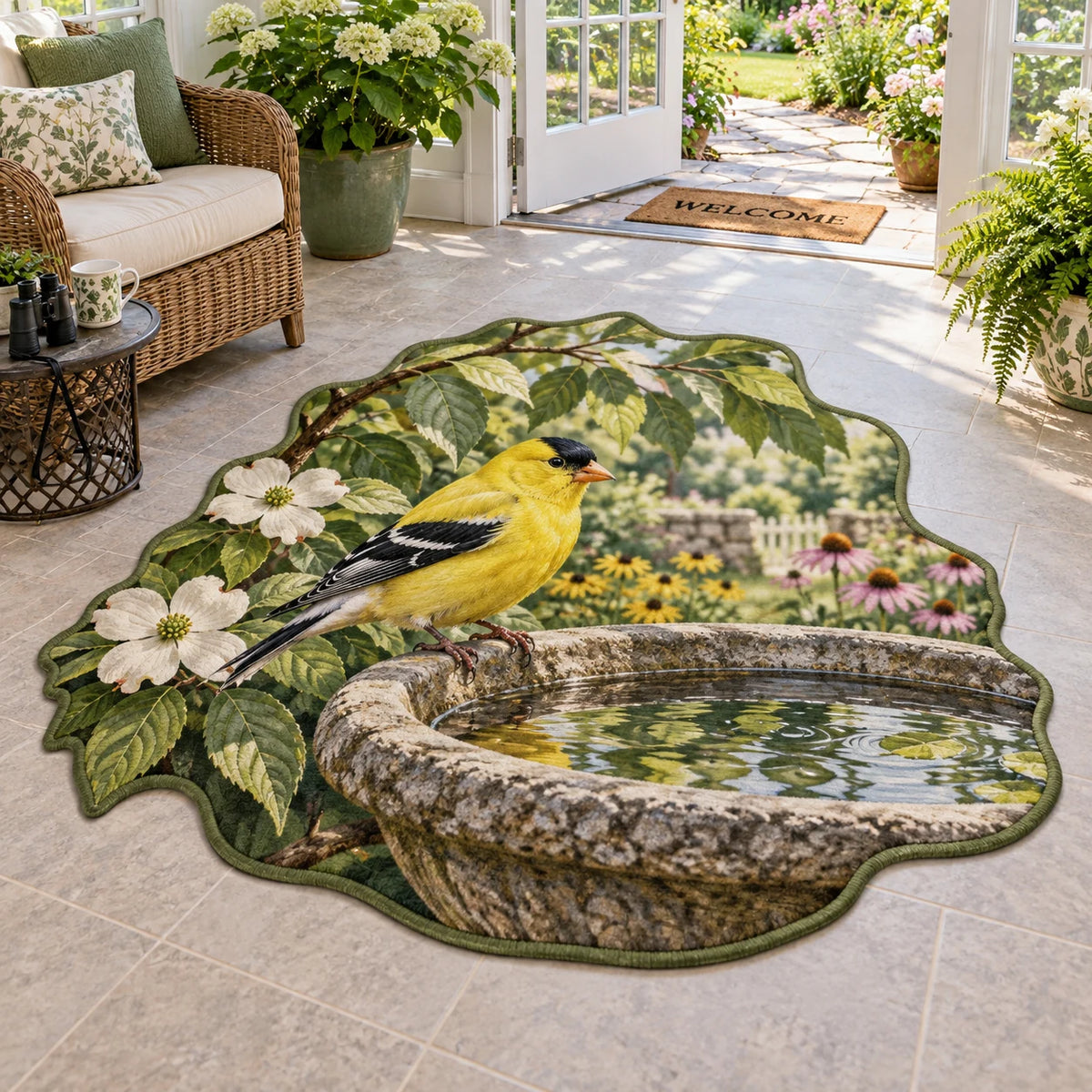 Complete custom silhouette with sage binding around a goldfinch, leafy branches and a stone basin with water reflections.