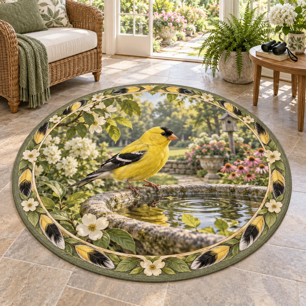 Complete round rug with yellow-and-black feather and white blossom ring, goldfinch perched on a rippling stone birdbath.