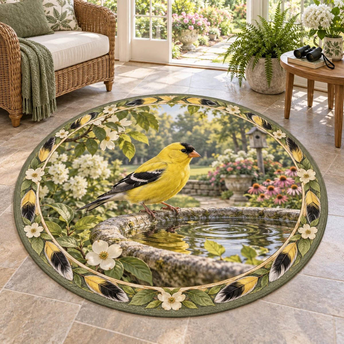 Complete round rug with yellow-and-black feather and white blossom ring, goldfinch perched on a rippling stone birdbath.