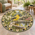 Complete round rug with yellow-and-black feather and white blossom ring, goldfinch perched on a rippling stone birdbath.