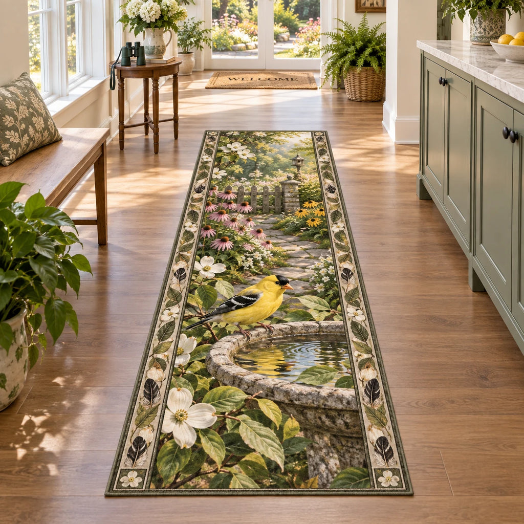 Complete runner with feather-and-leaf border; goldfinch and birdbath foreground lead toward a flower-lined garden path.