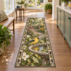 Complete runner with feather-and-leaf border; goldfinch and birdbath foreground lead toward a flower-lined garden path.