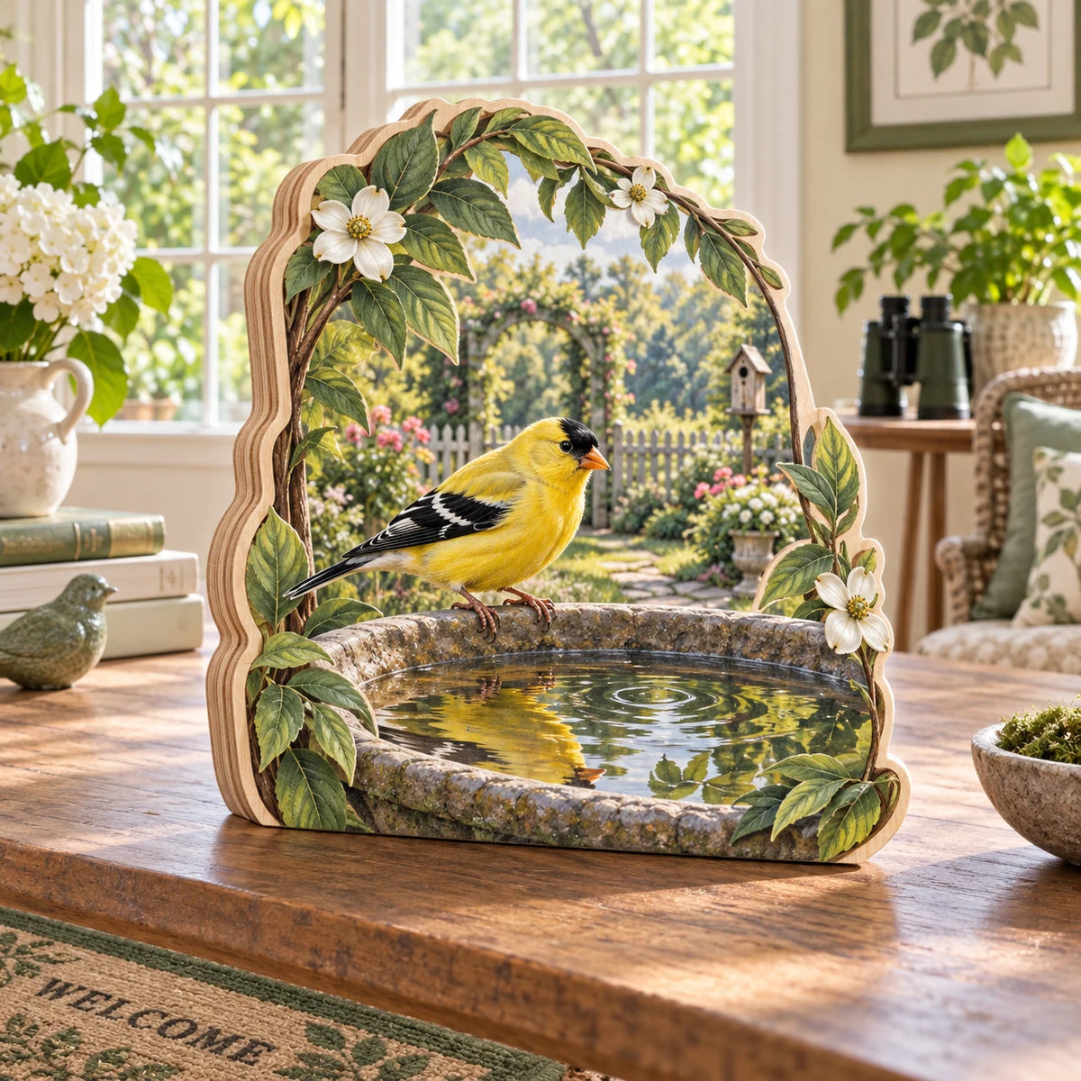 Complete three-panel tabletop wood block with contour side joins, continuous goldfinch birdbath print and a leafy white-blossom frame.