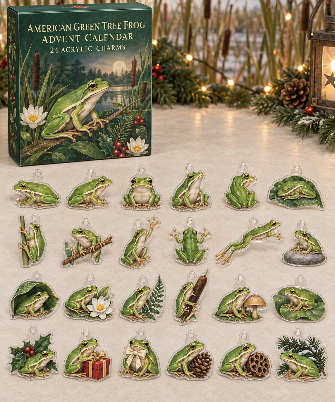 American Green Tree Frog advent calendar with 24 custom-shaped flat acrylic charms and printed dimensional artwork