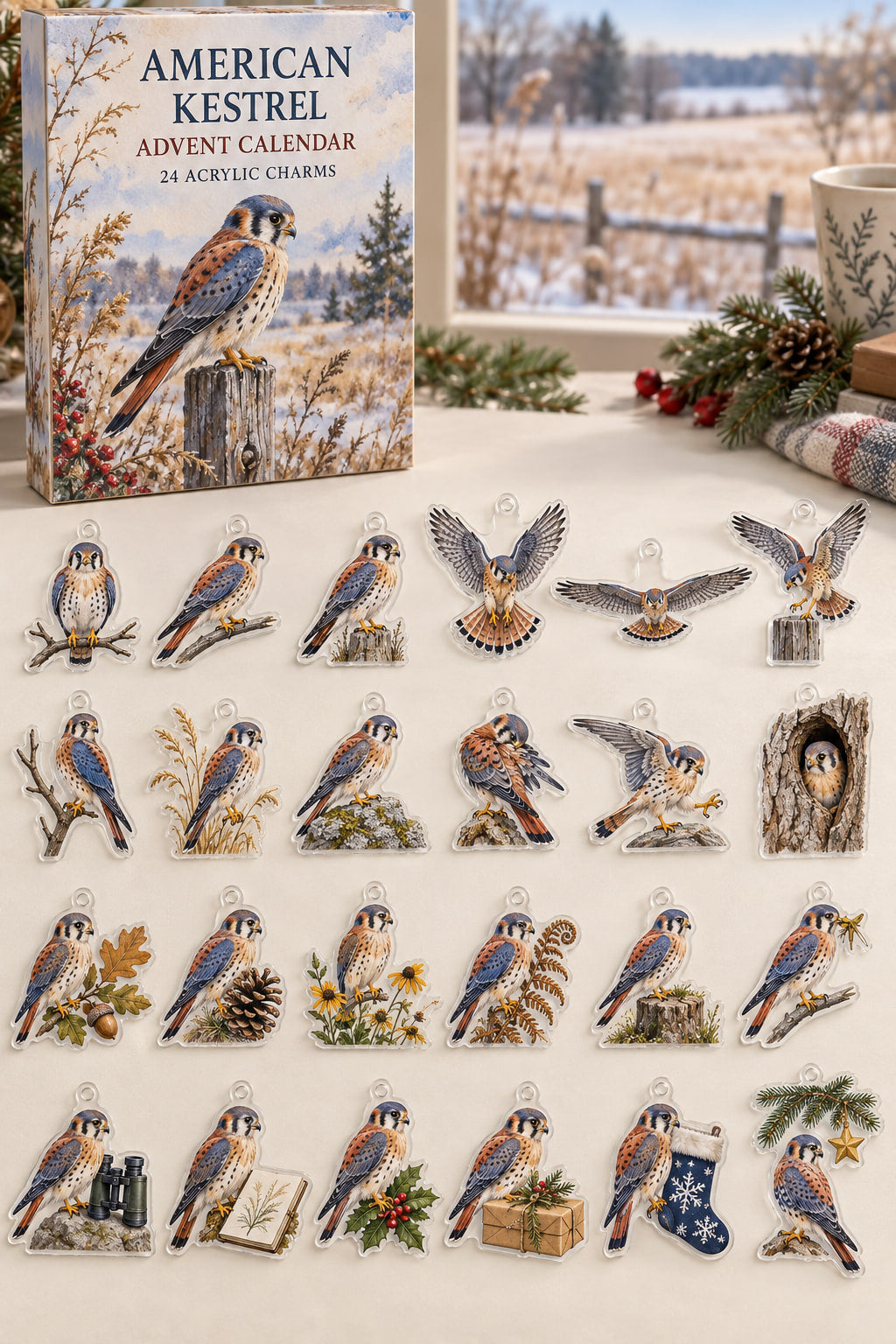 American Kestrel advent calendar with 24 custom-shaped flat acrylic charms and printed dimensional artwork