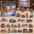 American Paint Horse advent calendar box and 24 illustrated acrylic charms displayed on an ivory tabletop in a winter setting