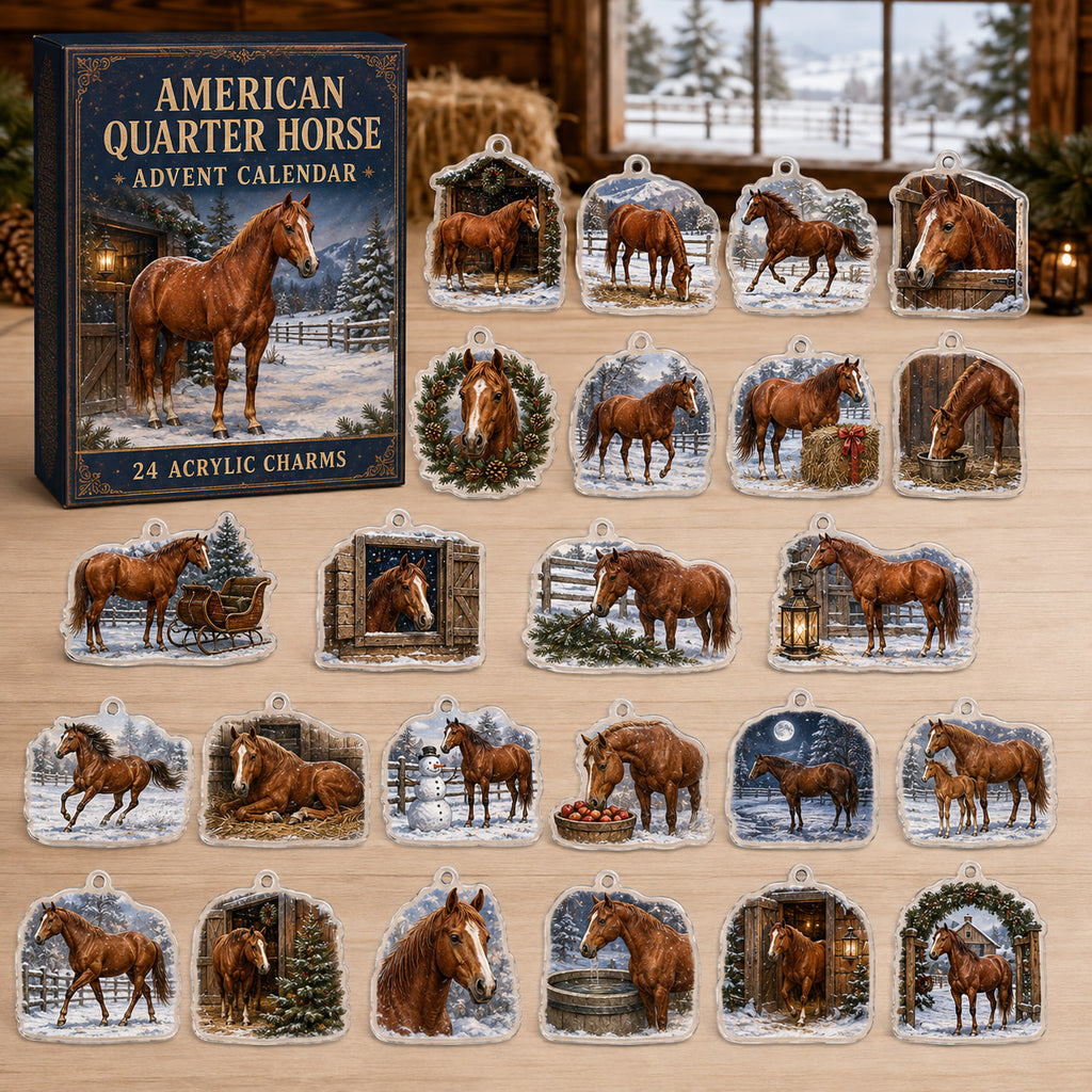 American Quarter Horse advent calendar box and 24 illustrated acrylic charms displayed on a pale wooden tabletop in a winter stable setting