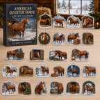 American Quarter Horse advent calendar box and 24 illustrated acrylic charms displayed on a pale wooden tabletop in a winter stable setting