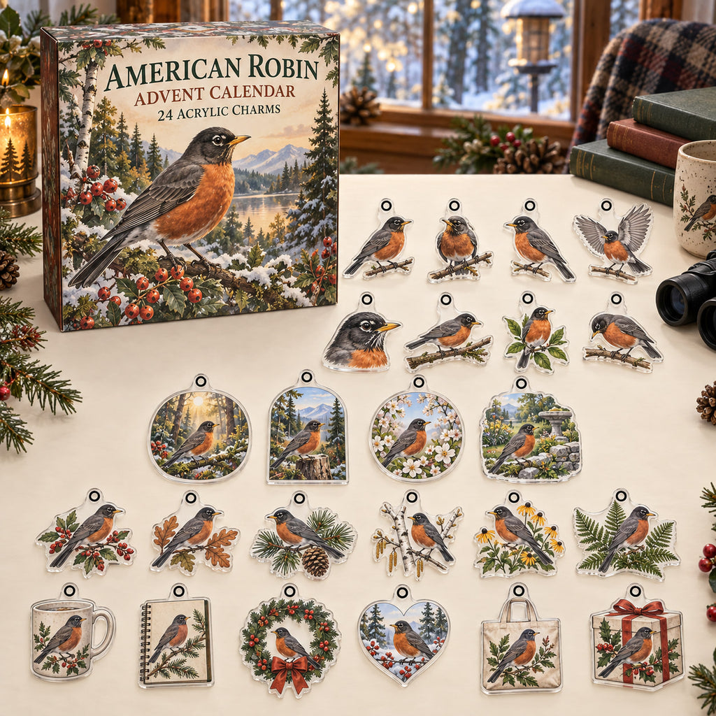 American Robin advent calendar box with 24 themed flat printed acrylic charms